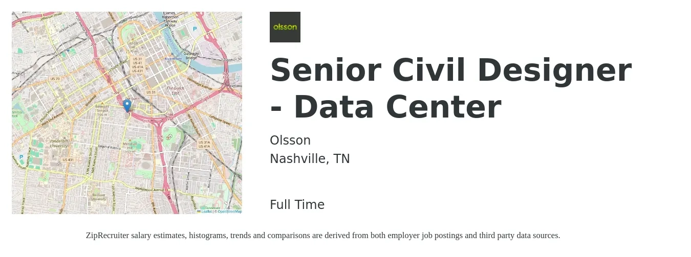 Olsson job posting for a Senior Civil Designer - Data Center in Nashville, TN with a salary of $98,500 to $105,300 Yearly with a map of Nashville location.