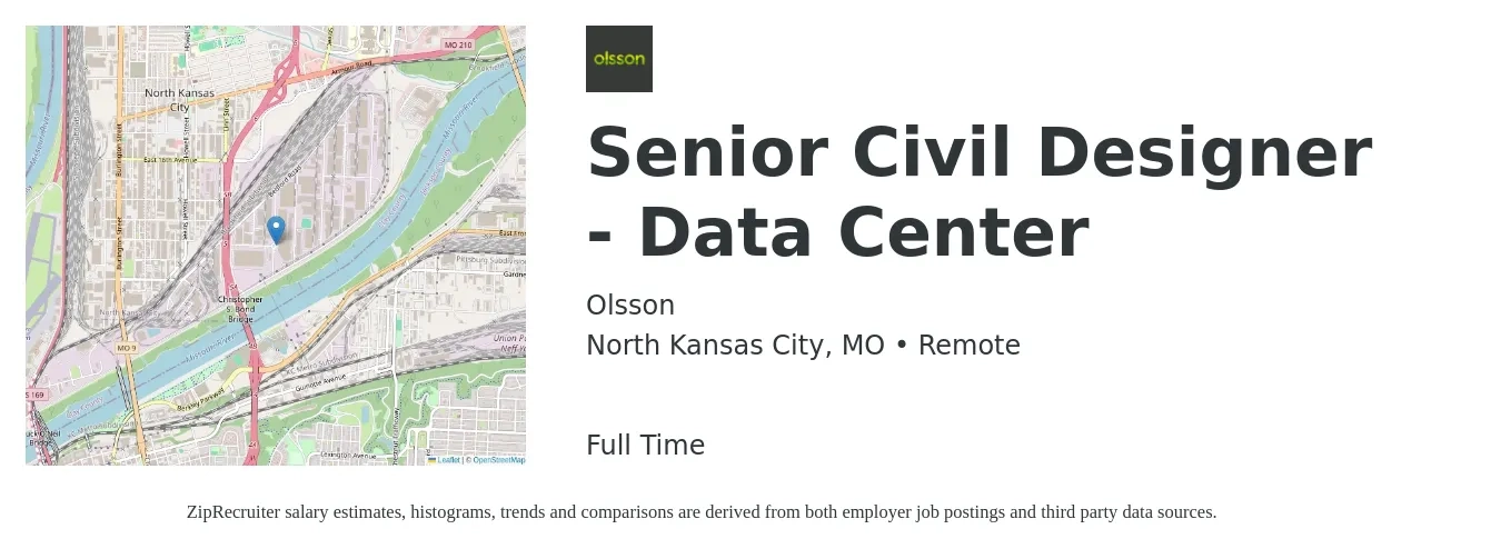Olsson job posting for a Senior Civil Designer - Data Center in North Kansas City, MO with a salary of $99,600 to $106,400 Yearly with a map of North Kansas City location.