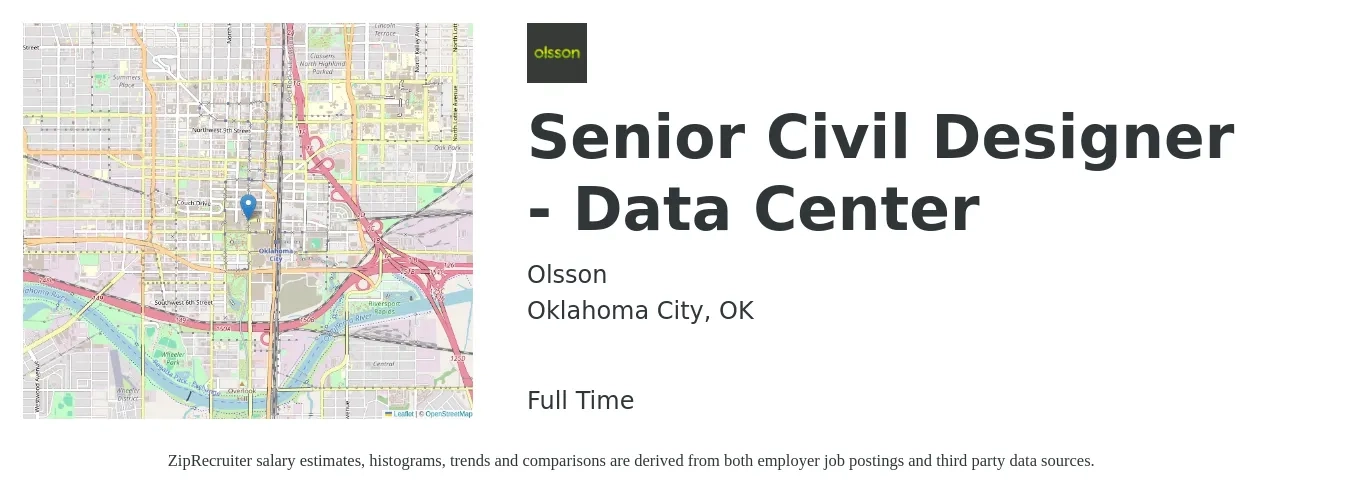 Olsson job posting for a Senior Civil Designer - Data Center in Oklahoma City, OK with a salary of $94,800 to $101,300 Yearly with a map of Oklahoma City location.