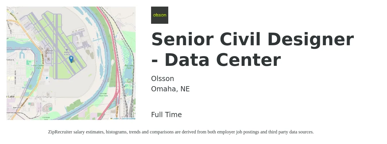 Olsson job posting for a Senior Civil Designer - Data Center in Omaha, NE with a salary of $97,600 to $104,300 Yearly with a map of Omaha location.