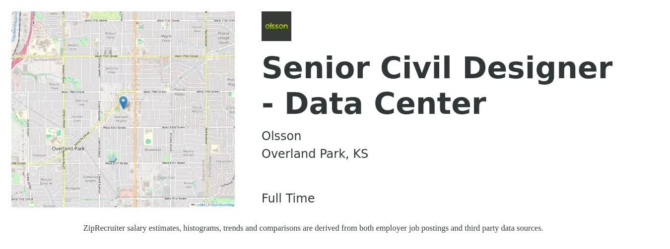 Olsson job posting for a Senior Civil Designer - Data Center in Overland Park, KS with a salary of $100,800 to $107,700 Yearly with a map of Overland Park location.