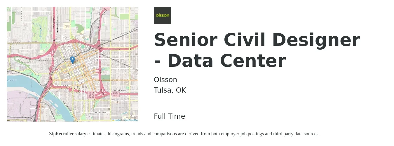 Olsson job posting for a Senior Civil Designer - Data Center in Tulsa, OK with a salary of $93,200 to $99,600 Yearly with a map of Tulsa location.