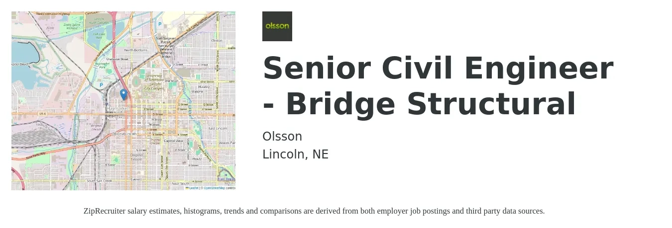 Olsson job posting for a Senior Civil Engineer - Bridge Structural in Lincoln, NE with a salary of $88,100 to $119,600 Yearly with a map of Lincoln location.