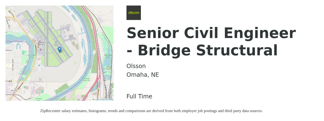 Olsson job posting for a Senior Civil Engineer - Bridge Structural in Omaha, NE with a salary of $92,700 to $125,900 Yearly with a map of Omaha location.