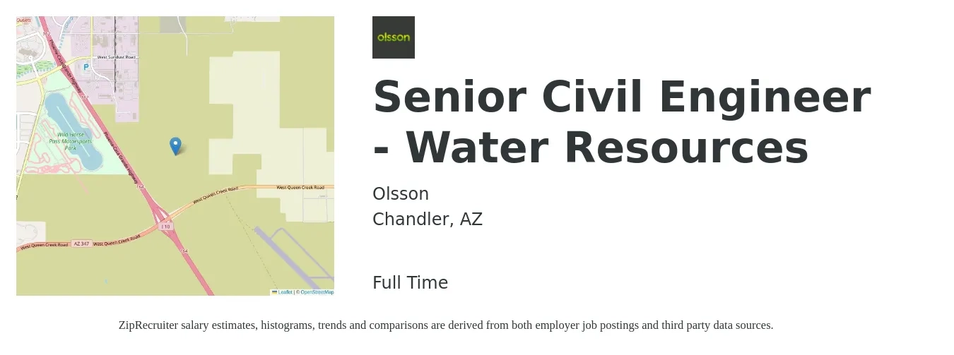 Olsson job posting for a Senior Civil Engineer - Water Resources in Chandler, AZ with a salary of $83,600 to $124,400 Yearly with a map of Chandler location.