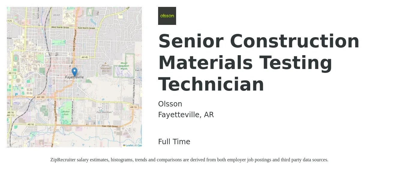 Olsson job posting for a Senior Construction Materials Testing Technician in Fayetteville, AR with a salary of $18 to $27 Hourly with a map of Fayetteville location.