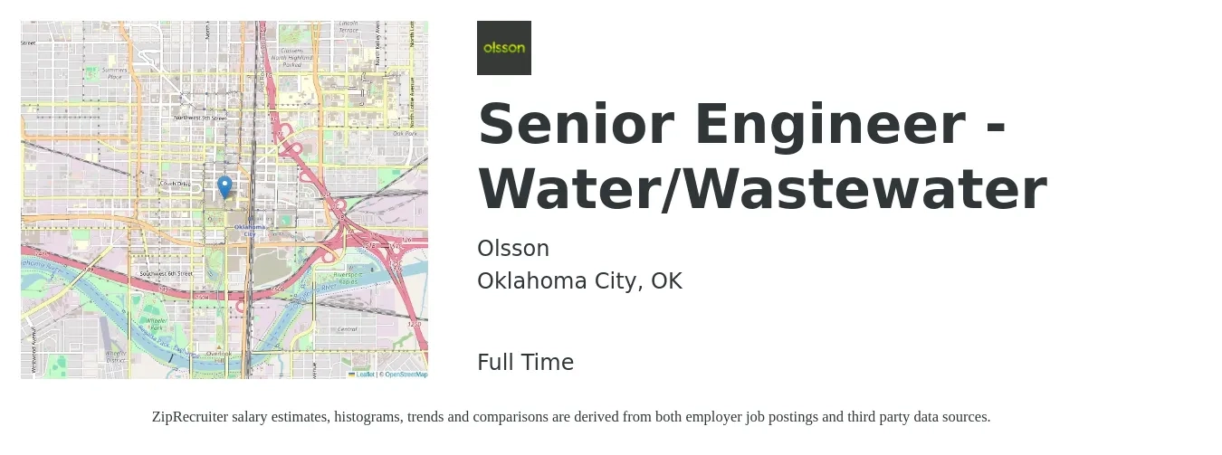Olsson job posting for a Senior Engineer - Water/Wastewater in Oklahoma City, OK with a salary of $98,900 to $135,800 Yearly with a map of Oklahoma City location.
