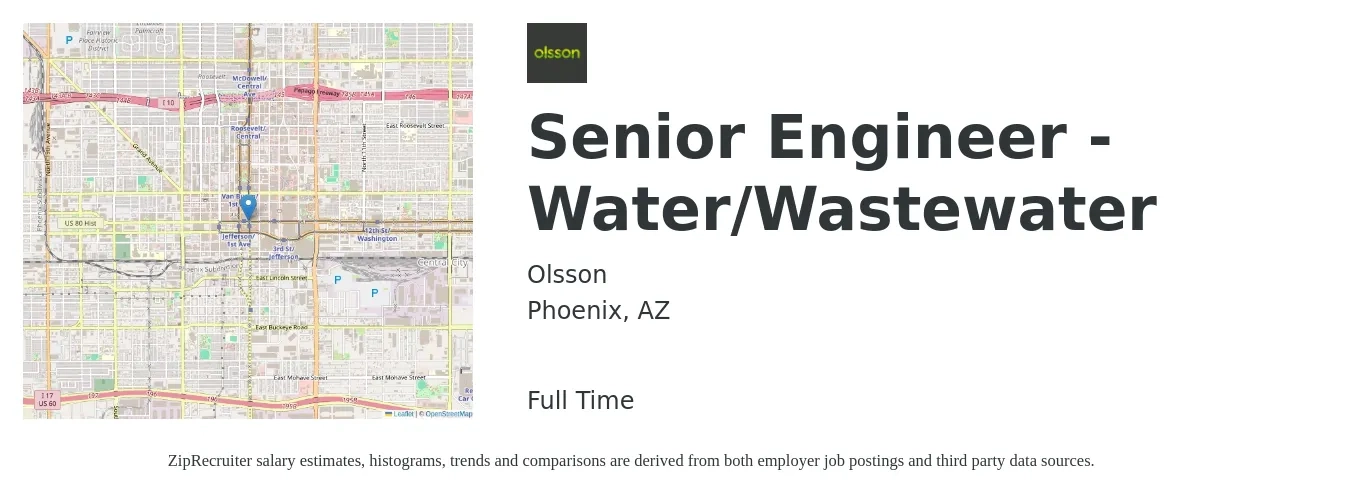 Olsson job posting for a Senior Engineer - Water/Wastewater in Phoenix, AZ with a salary of $100,600 to $138,200 Yearly with a map of Phoenix location.
