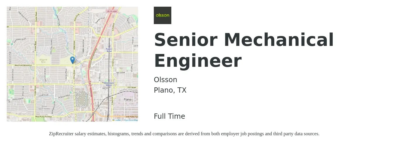 Olsson job posting for a Senior Mechanical Engineer in Plano, TX with a salary of $97,700 to $129,000 Yearly with a map of Plano location.