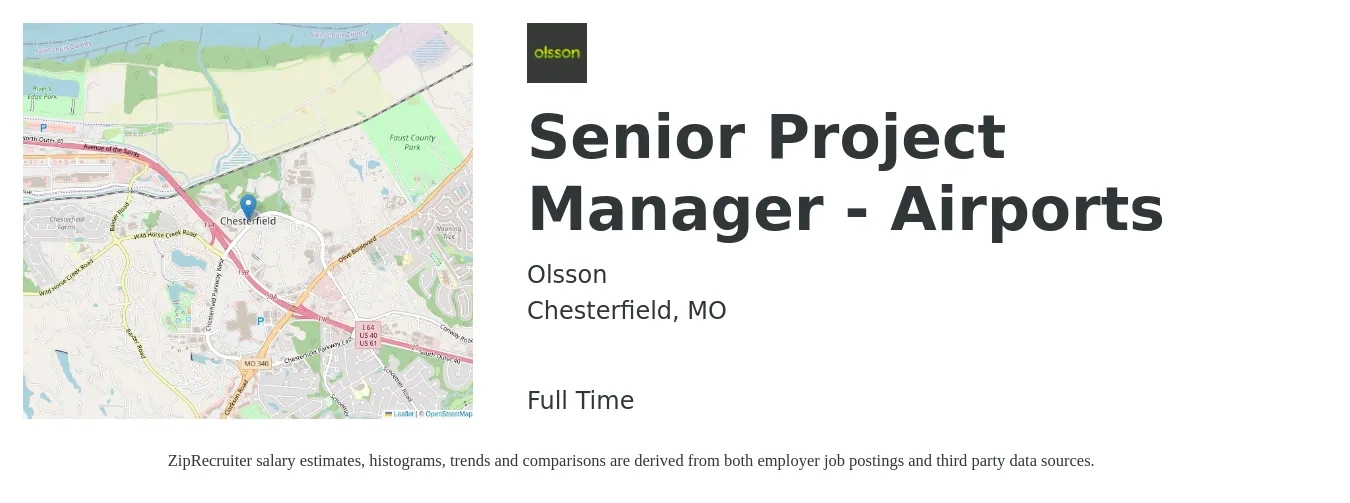 Olsson job posting for a Senior Project Manager - Airports in Chesterfield, MO with a salary of $102,400 to $144,500 Yearly with a map of Chesterfield location.