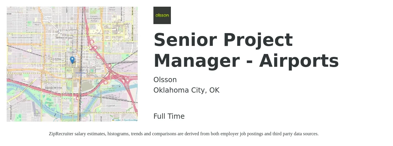 Olsson job posting for a Senior Project Manager - Airports in Oklahoma City, OK with a salary of $97,900 to $138,100 Yearly with a map of Oklahoma City location.