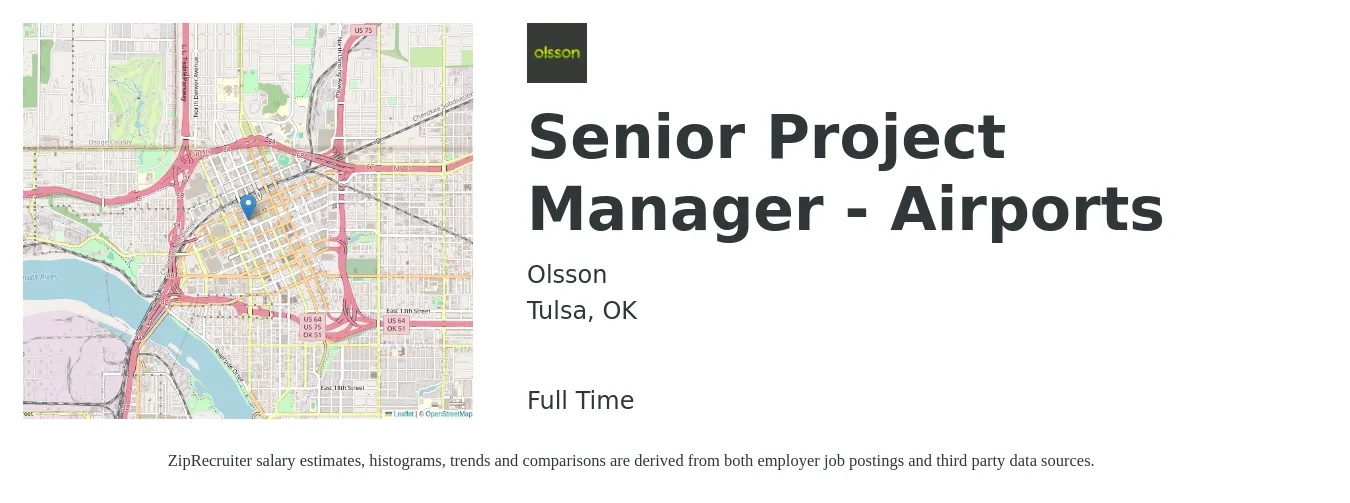 Olsson job posting for a Senior Project Manager - Airports in Tulsa, OK with a salary of $94,500 to $133,300 Yearly with a map of Tulsa location.