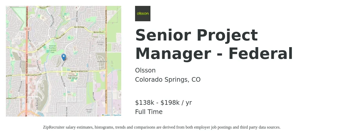 Olsson job posting for a Senior Project Manager - Federal in Colorado Springs, CO with a salary of $138,000 to $198,000 Yearly with a map of Colorado Springs location.