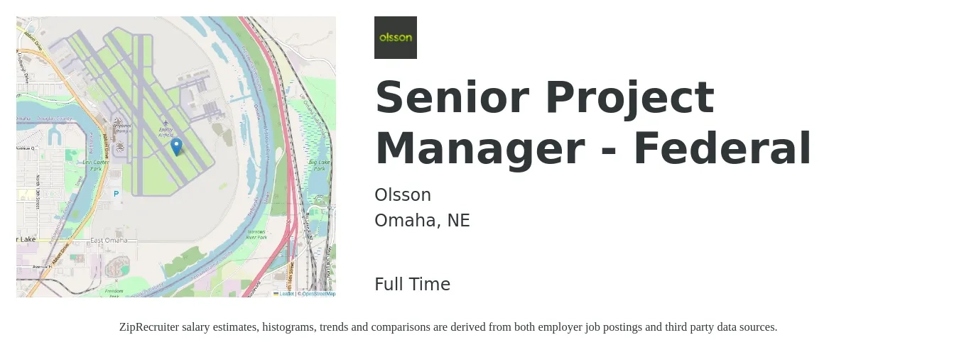 Olsson job posting for a Senior Project Manager - Federal in Omaha, NE with a salary of $95,500 to $134,700 Yearly with a map of Omaha location.