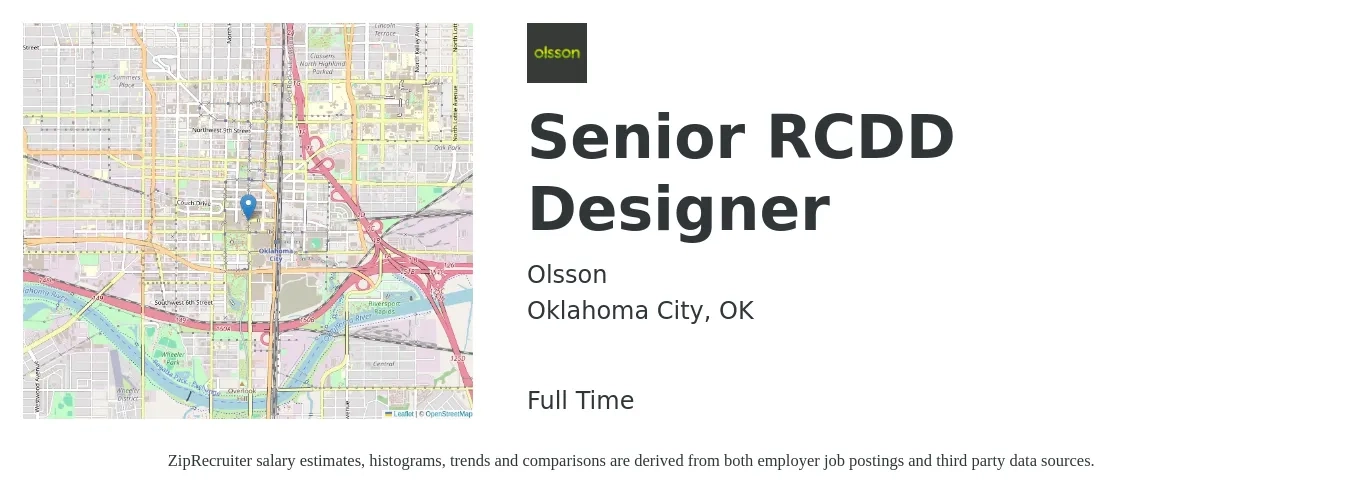 Olsson job posting for a Senior RCDD Designer in Oklahoma City, OK with a salary of $96,500 to $103,100 Yearly with a map of Oklahoma City location.