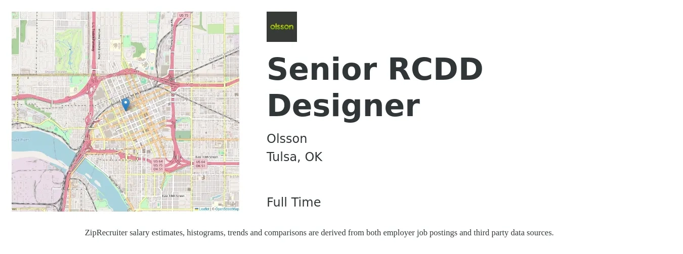 Olsson job posting for a Senior RCDD Designer in Tulsa, OK with a salary of $93,100 to $99,500 Yearly with a map of Tulsa location.