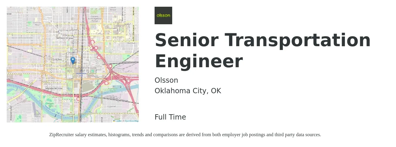 Olsson job posting for a Senior Transportation Engineer in Oklahoma City, OK with a salary of $98,900 to $135,800 Yearly with a map of Oklahoma City location.