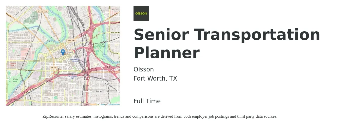Olsson job posting for a Senior Transportation Planner in Fort Worth, TX with a salary of $70,400 to $99,600 Yearly with a map of Fort Worth location.
