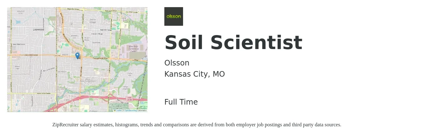 Olsson job posting for a Soil Scientist in Kansas City, MO with a salary of $34,700 to $52,700 Yearly with a map of Kansas City location.