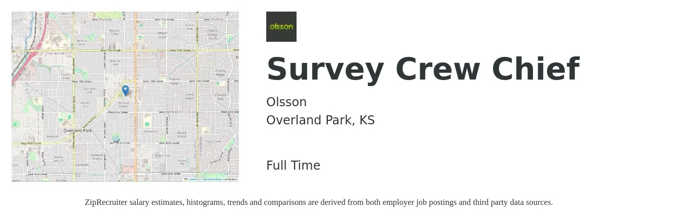 Olsson job posting for a Survey Crew Chief in Overland Park, KS with a salary of $24 to $36 Hourly with a map of Overland Park location.