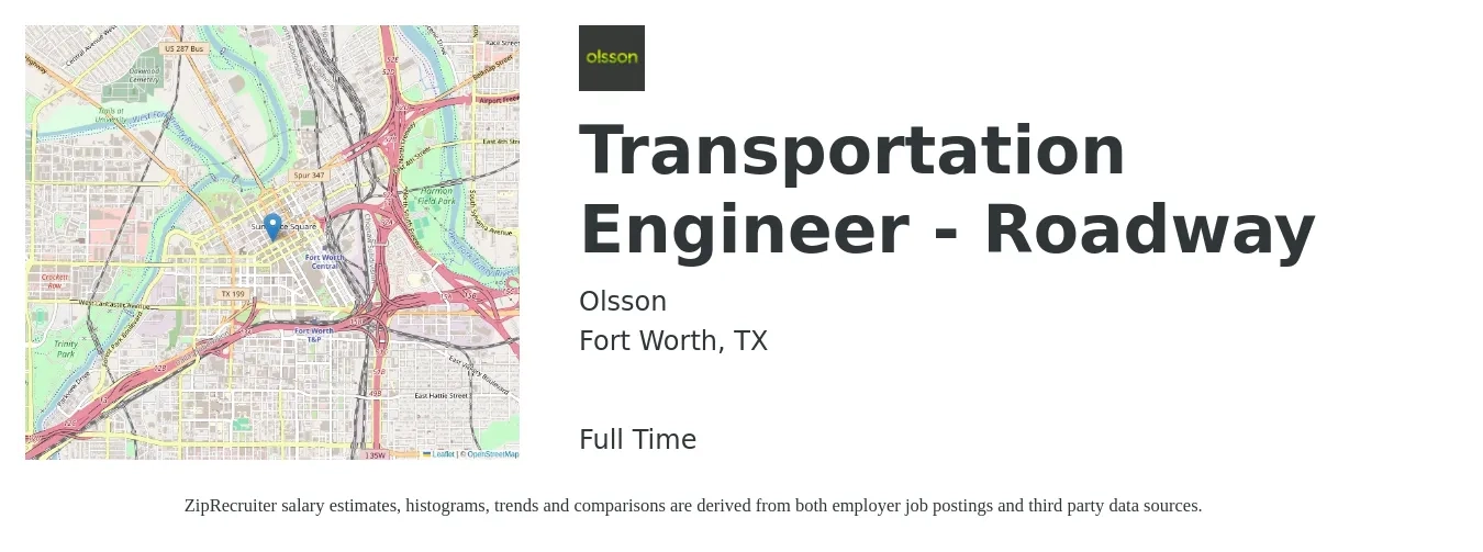 Olsson job posting for a Transportation Engineer - Roadway in Fort Worth, TX with a salary of $74,200 to $98,100 Yearly with a map of Fort Worth location.