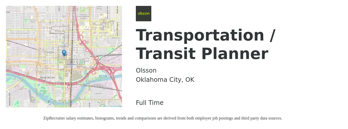 Olsson job posting for a Transportation / Transit Planner in Oklahoma City, OK with a salary of $64,800 to $77,100 Yearly with a map of Oklahoma City location.