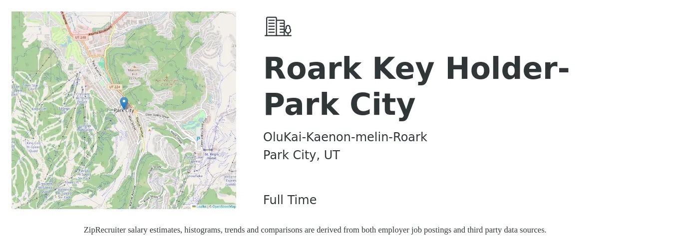 OluKai-Kaenon-melin-Roark job posting for a Roark Key Holder- Park City in Park City, UT with a salary of $15 to $18 Hourly with a map of Park City location.