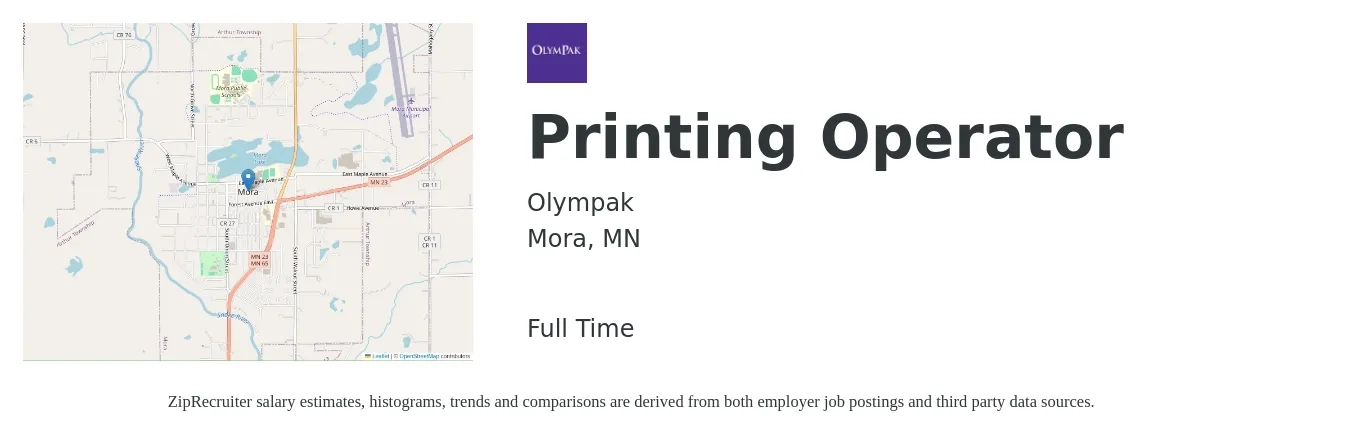 Olympak job posting for a Printing Operator in Mora, MN with a salary of $38 Hourly with a map of Mora location.