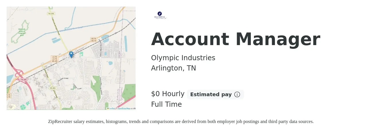 Olympic Industries job posting for a Account Manager in Arlington, TN with a salary of $1 Hourly with a map of Arlington location.