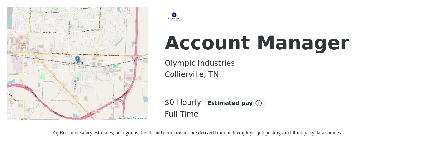 Olympic Industries job posting for a Account Manager in Collierville, TN with a salary of $1 Hourly with a map of Collierville location.