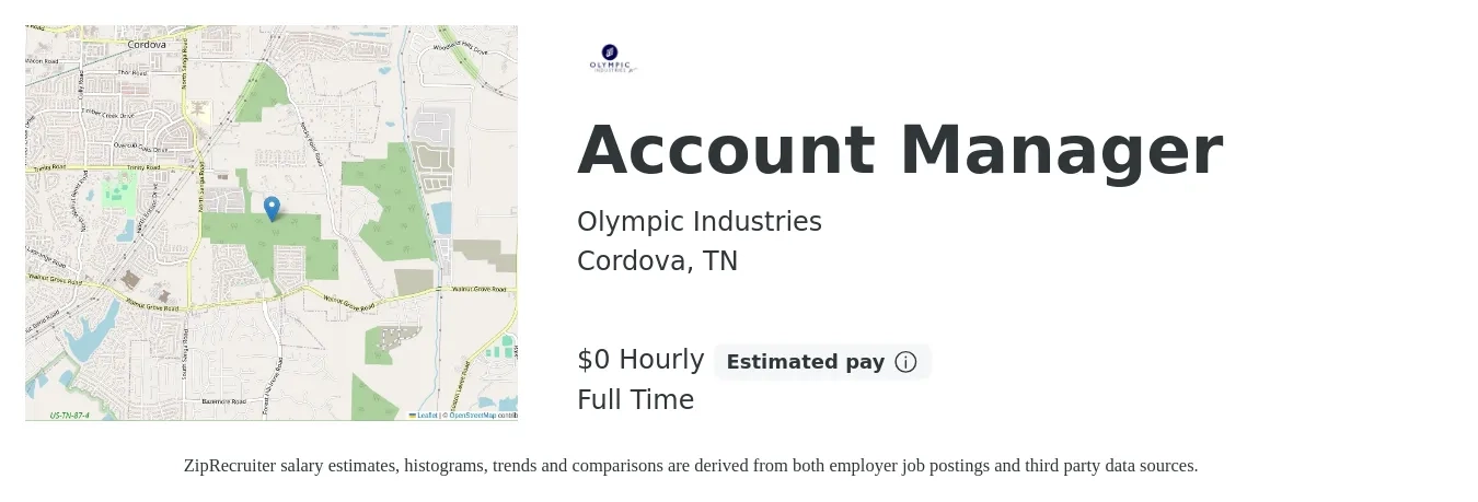 Olympic Industries job posting for a Account Manager in Cordova, TN with a salary of $1 Hourly with a map of Cordova location.