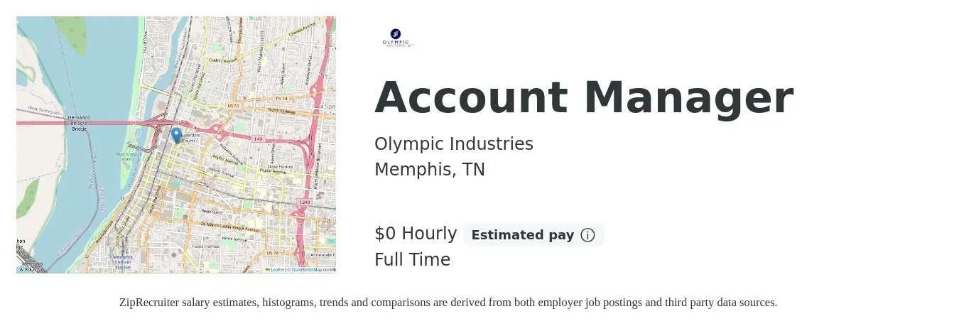 Olympic Industries job posting for a Account Manager in Memphis, TN with a salary of $1 Hourly with a map of Memphis location.
