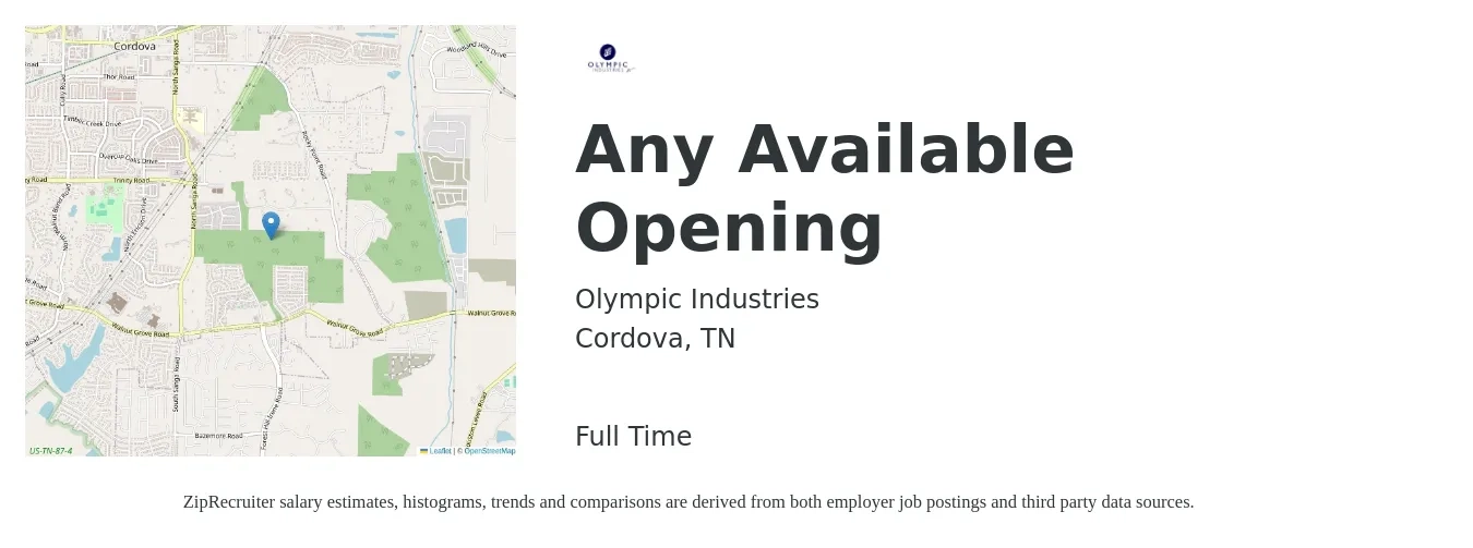 Olympic Industries job posting for a Any Available Opening in Cordova, TN with a salary of $15 to $18 Hourly with a map of Cordova location.