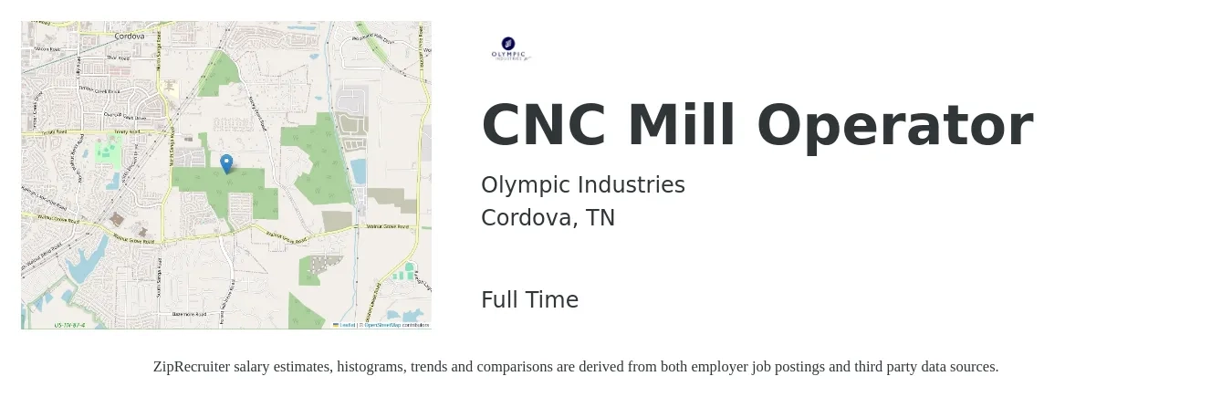 Olympic Industries job posting for a CNC Mill Operator in Cordova, TN with a salary of $20 to $26 Hourly with a map of Cordova location.