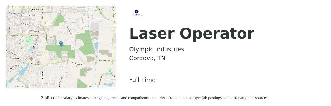 Olympic Industries job posting for a Laser Operator in Cordova, TN with a salary of $16 to $20 Hourly with a map of Cordova location.