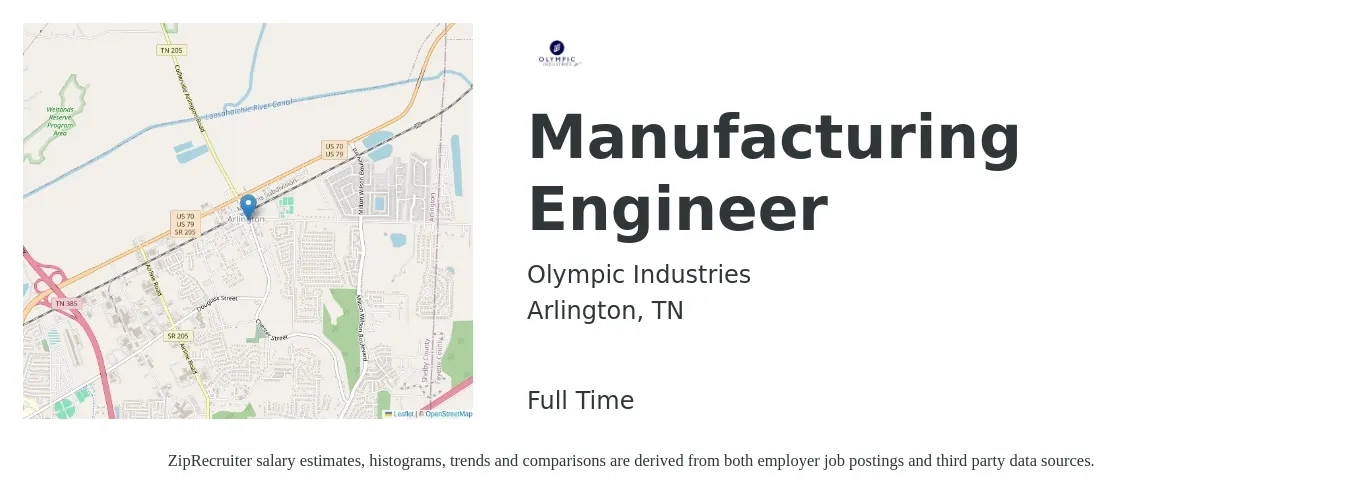 Olympic Industries job posting for a Manufacturing Engineer in Arlington, TN with a salary of $65,000 to $83,700 Yearly with a map of Arlington location.
