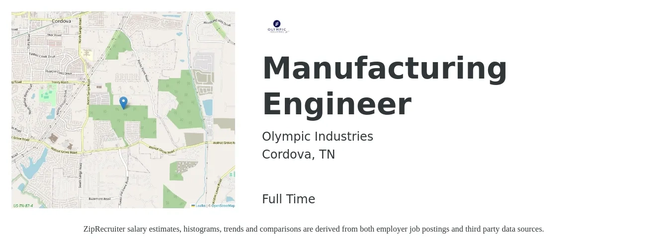 Olympic Industries job posting for a Manufacturing Engineer in Cordova, TN with a salary of $63,100 to $81,300 Yearly with a map of Cordova location.