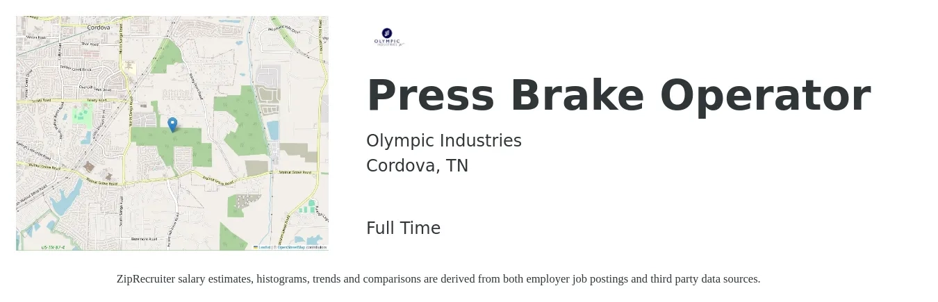 Olympic Industries job posting for a Press Brake Operator in Cordova, TN with a salary of $16 to $21 Hourly with a map of Cordova location.