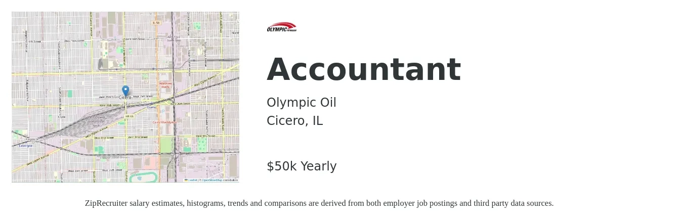 Olympic Oil job posting for a Accountant in Cicero, IL with a salary of $50,000 Yearly with a map of Cicero location.