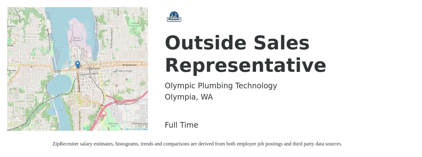 Olympic Plumbing Technology job posting for a Outside Sales Representative in Olympia, WA with a salary of $150,000 Yearly with a map of Olympia location.