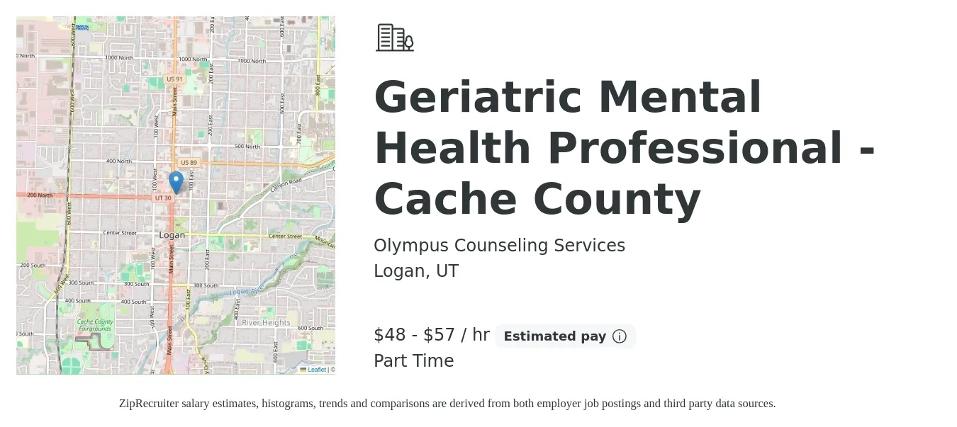 Olympus Counseling Services job posting for a Geriatric Mental Health Professional - Cache County in Logan, UT with a salary of $50 to $60 Hourly with a map of Logan location.