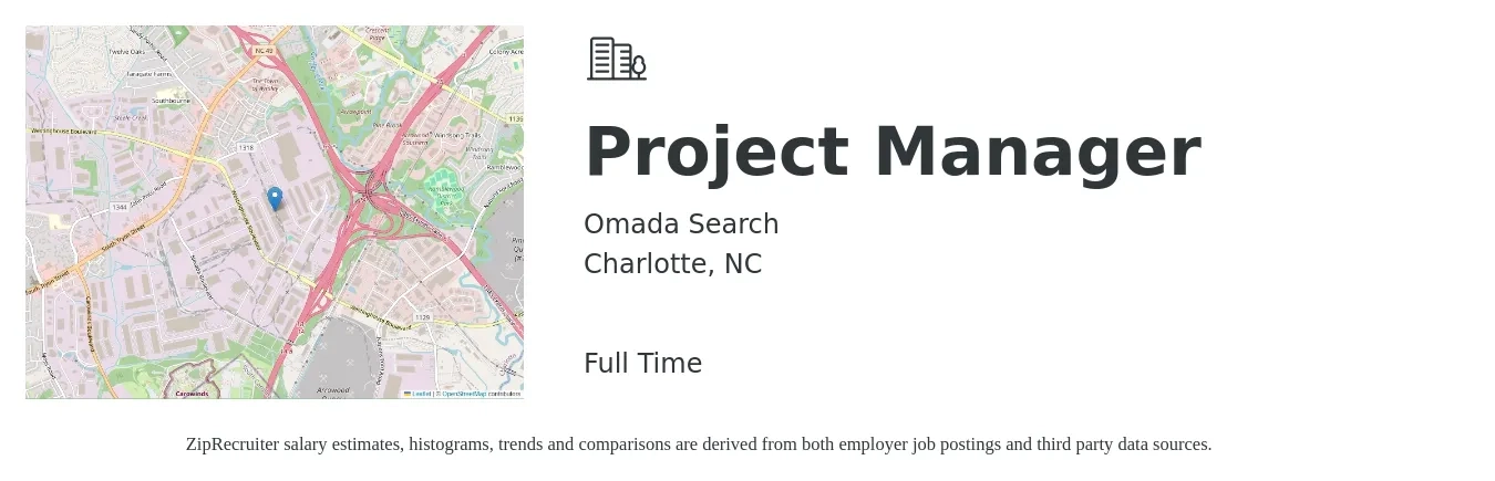 Omada Search job posting for a Project Manager in Charlotte, NC with a salary of $75,200 to $117,900 Yearly with a map of Charlotte location.