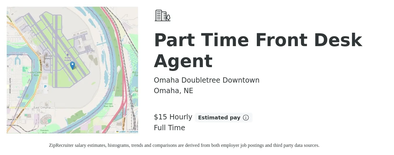 Omaha Doubletree Downtown job posting for a Part Time Front Desk Agent in Omaha, NE with a salary of $16 Hourly with a map of Omaha location.