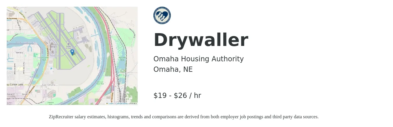 Omaha Housing Authority job posting for a Drywaller in Omaha, NE with a salary of $20 to $28 Hourly with a map of Omaha location.