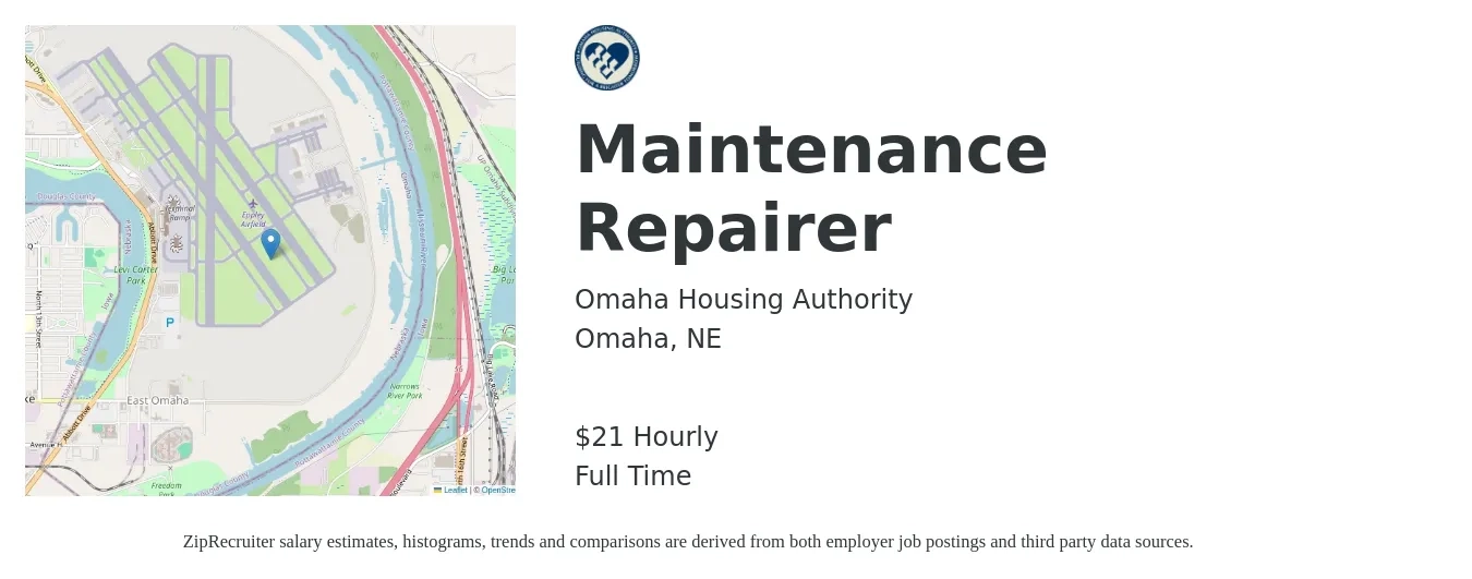 Omaha Housing Authority job posting for a Maintenance Repairer in Omaha, NE with a salary of $22 Hourly with a map of Omaha location.
