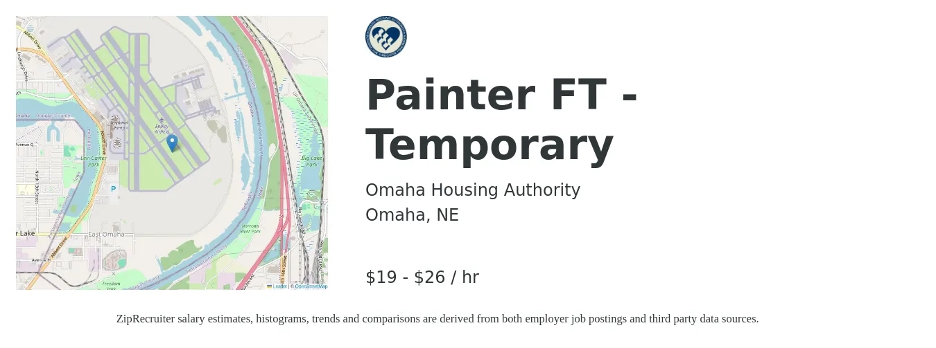 Omaha Housing Authority job posting for a Painter FT - Temporary in Omaha, NE with a salary of $20 to $28 Hourly with a map of Omaha location.