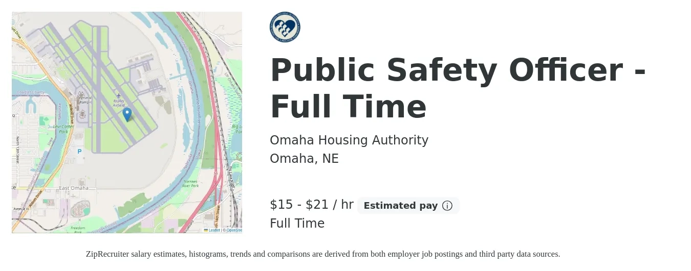 Omaha Housing Authority job posting for a Public Safety Officer - Full Time in Omaha, NE with a salary of $16 to $22 Hourly with a map of Omaha location.