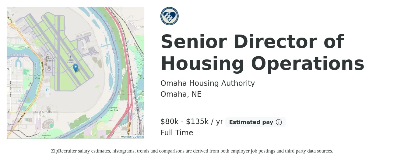 Omaha Housing Authority job posting for a Senior Director of Housing Operations in Omaha, NE with a salary of $80,000 to $135,000 Yearly with a map of Omaha location.