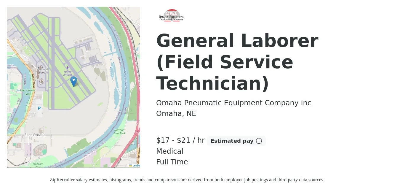 Omaha Pneumatic Equipment Company Inc job posting for a General Laborer (Field Service Technician) in Omaha, NE with a salary of $18 to $22 Hourly (plus commission) and benefits including medical with a map of Omaha location.