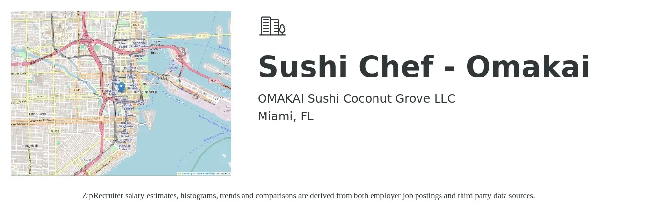 OMAKAI Sushi Coconut Grove LLC job posting for a Sushi Chef - Omakai in Miami, FL with a salary of $17 to $27 Hourly with a map of Miami location.